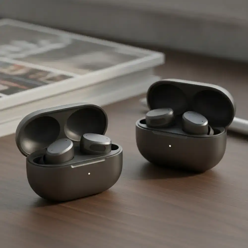 Two sets of premium wireless noise-canceling earbuds resting in their open charging cases