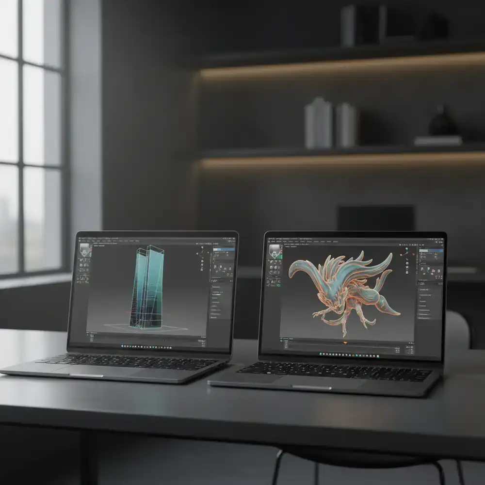 Two ultra-thin laptops displaying creative rendering software side-by-side