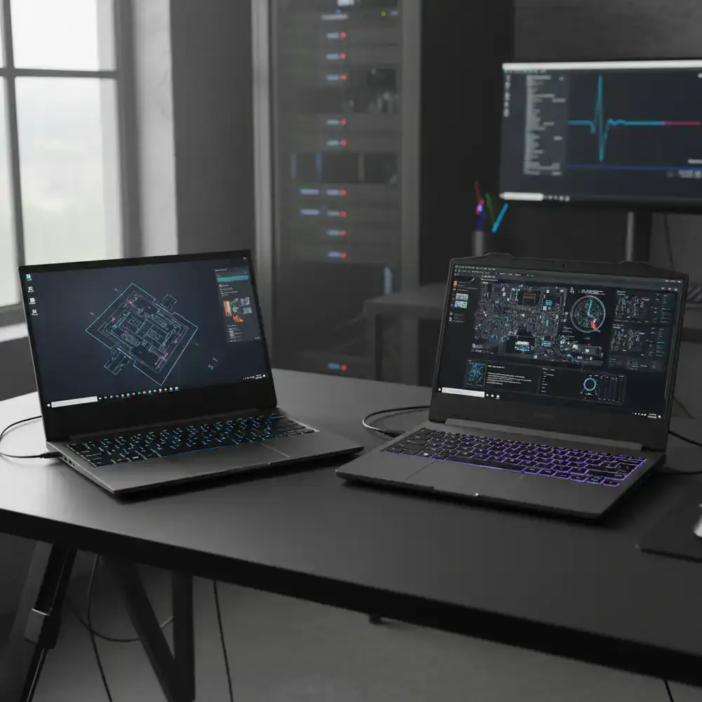 Two flagship laptops placed next to each other on a dark studio desk for a direct hardware comparison