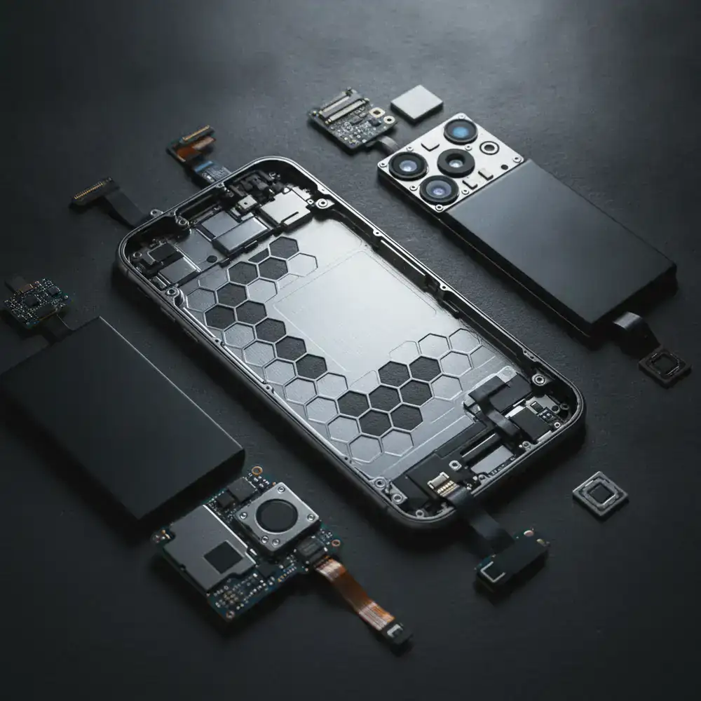 Smartphone teardown revealing internal titanium structure