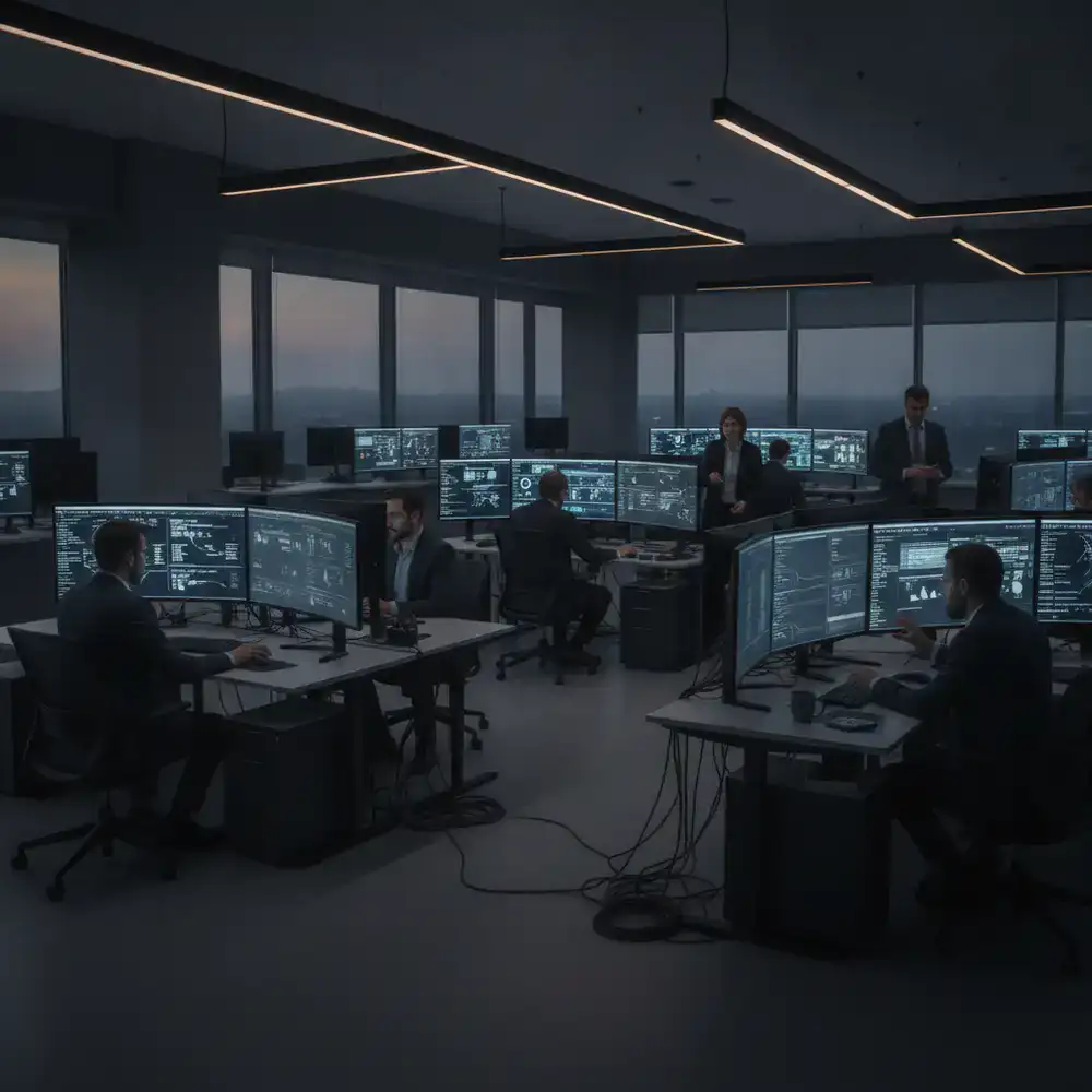 Editors working in a modern digital newsroom