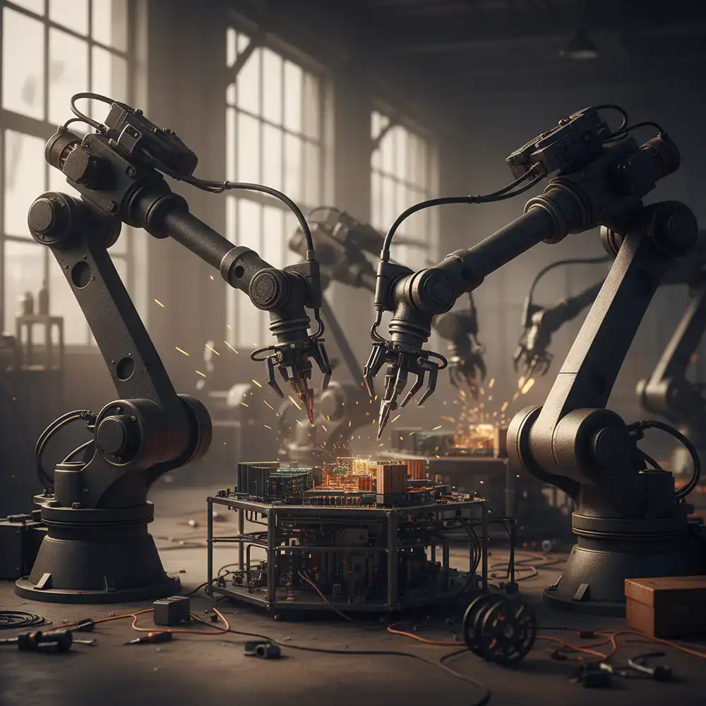 Robotic arms assembling electronics in a factory