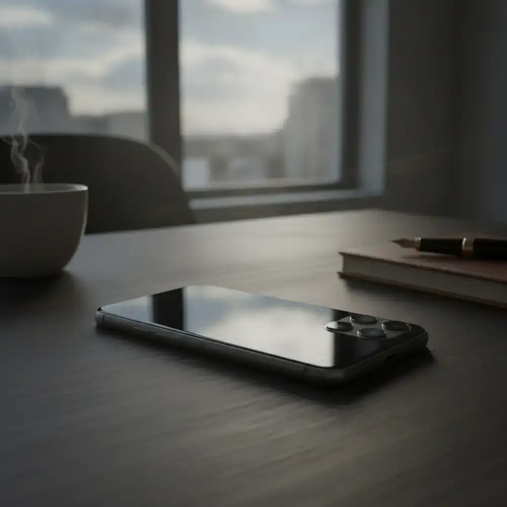 A sleek mid-range smartphone resting on a desk