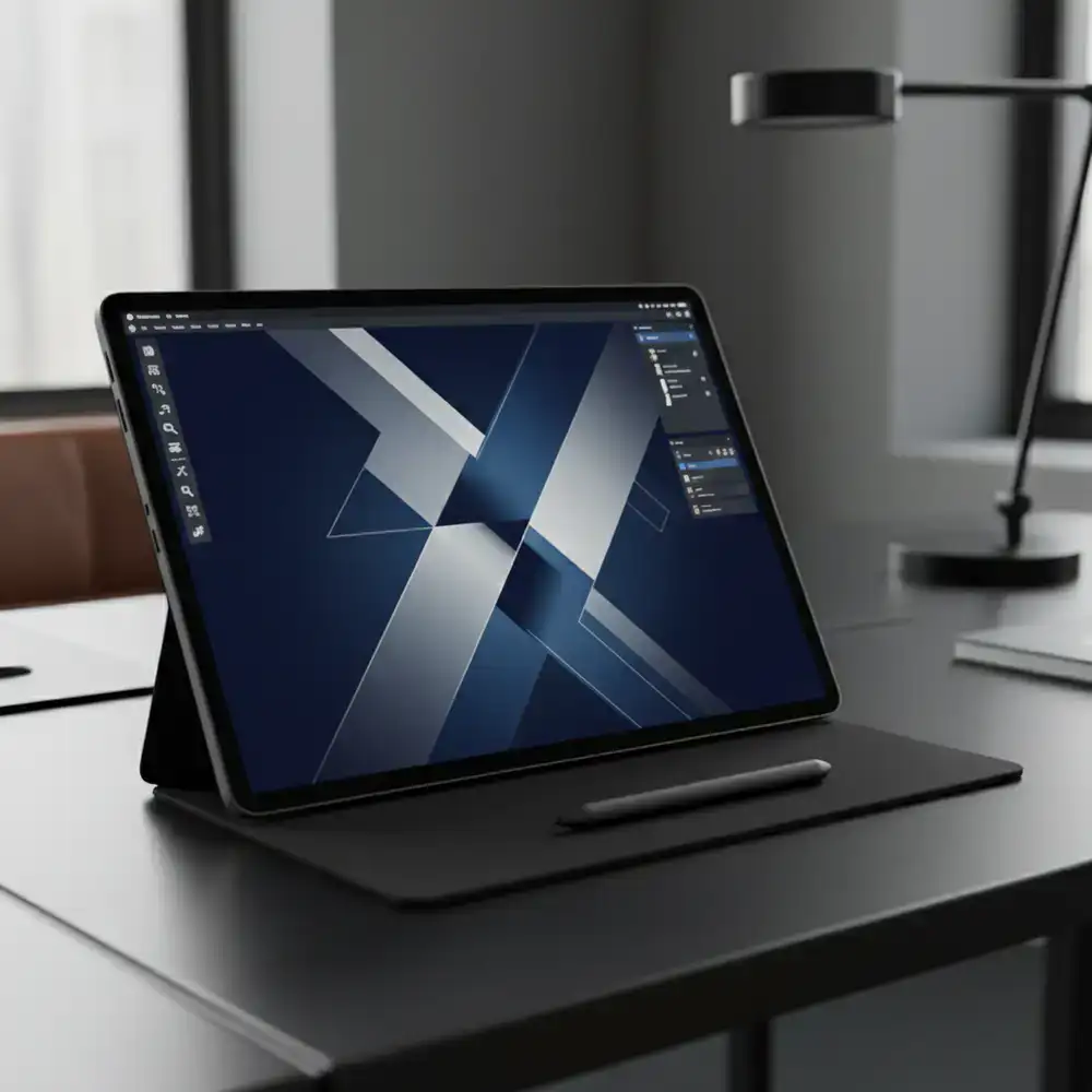 A large productivity tablet displaying design software