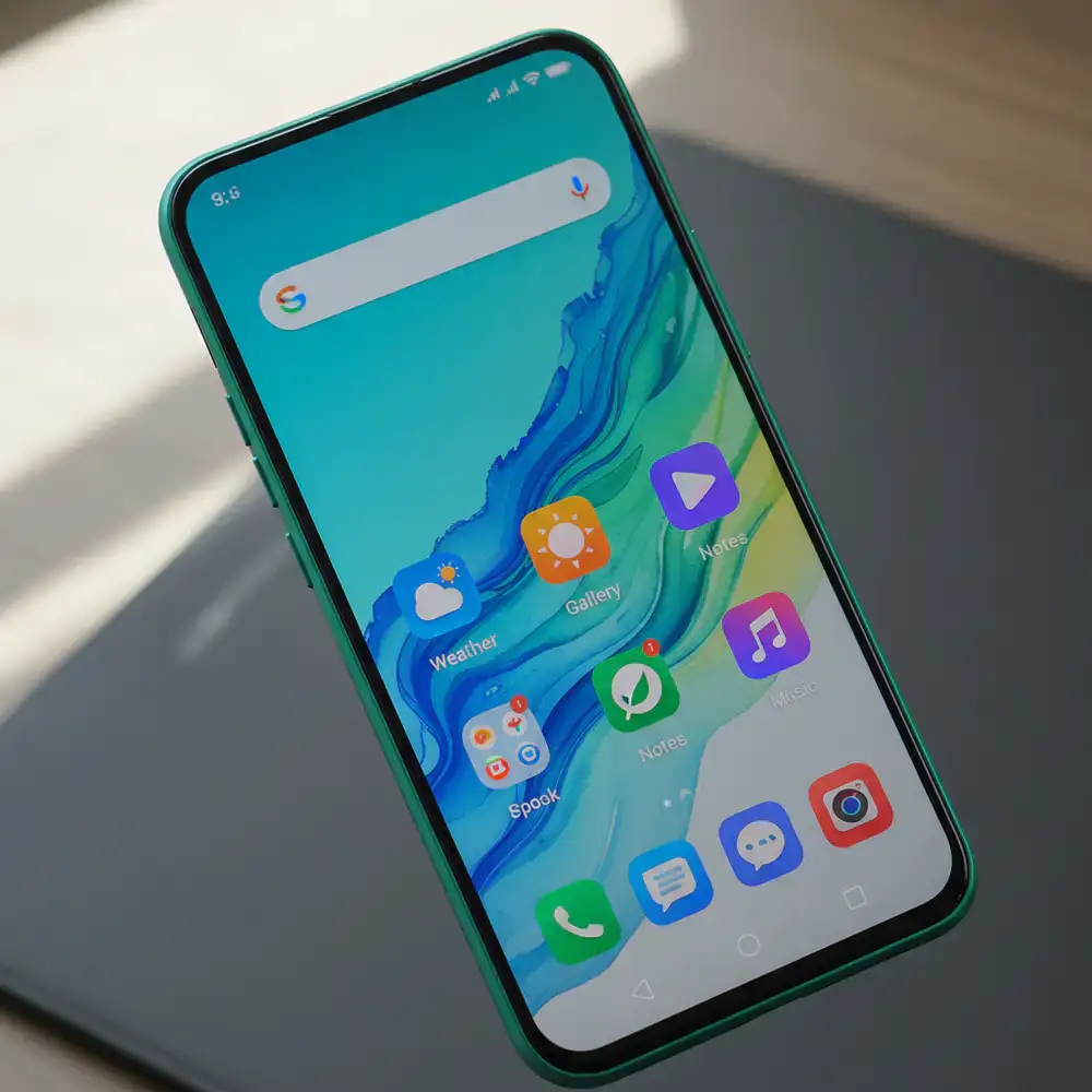 Close up view of the highly rated mid-range green smartphone displaying a vivid home screen