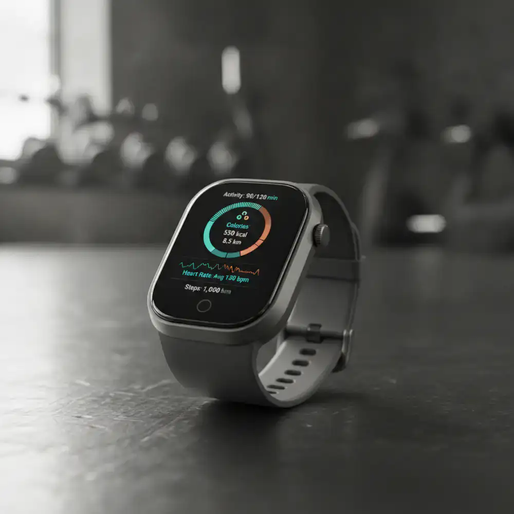 Affordable fitness smartwatch displaying a daily workout summary on the screen